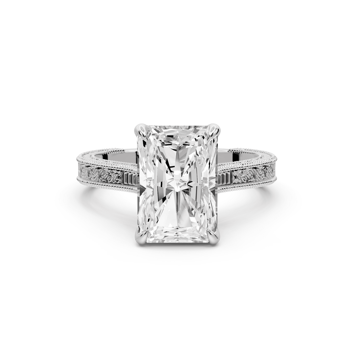 Daniel - 3ct 18k white gold Radiant Vintage-Inspired Solitaire Engagement Ring with Hand-Engraved Milgrain Band - Mr. Alex Jewelry