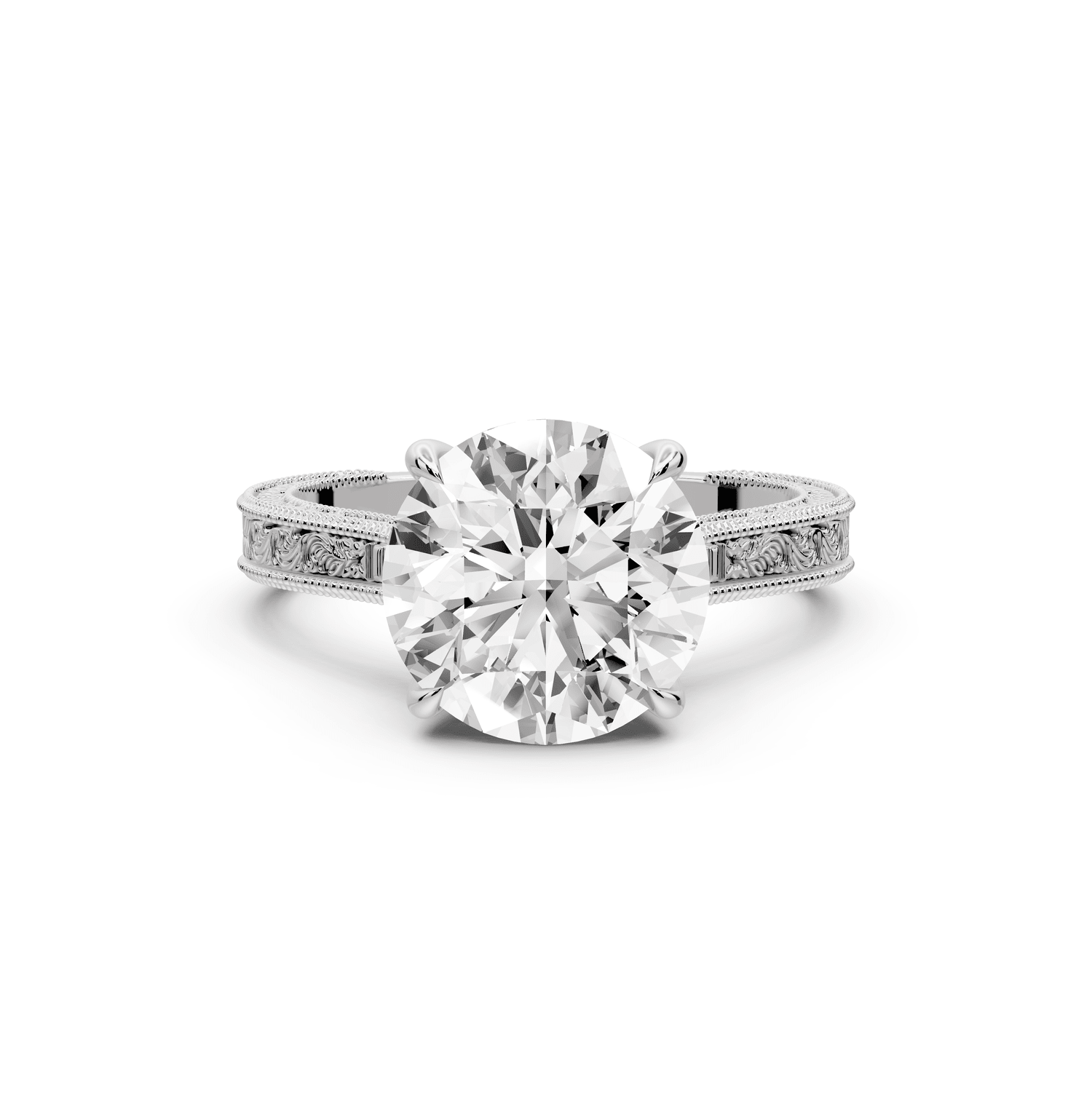 Daniel - 3ct 18k white gold Round Vintage-Inspired Solitaire Engagement Ring with Hand-Engraved Milgrain Band - Mr. Alex Jewelry