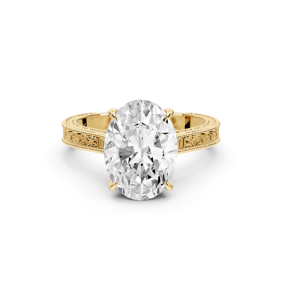 Daniel - 3ct 18k yellow gold Oval Vintage-Inspired Solitaire Engagement Ring with Hand-Engraved Milgrain Band - Mr. Alex Jewelry