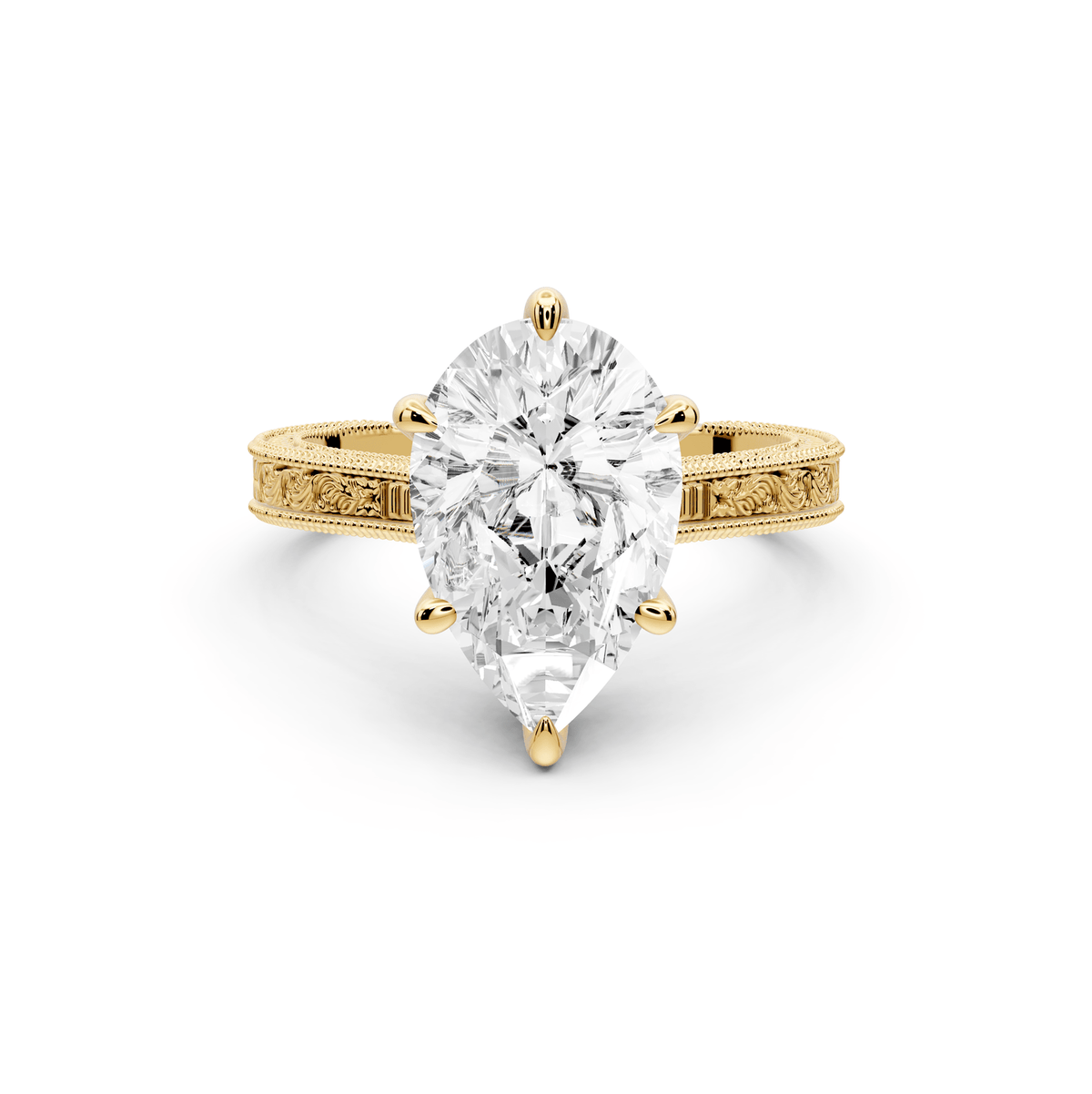 Daniel - 3ct 18k yellow gold Pear Vintage-Inspired Solitaire Engagement Ring with Hand-Engraved Milgrain Band - Mr. Alex Jewelry
