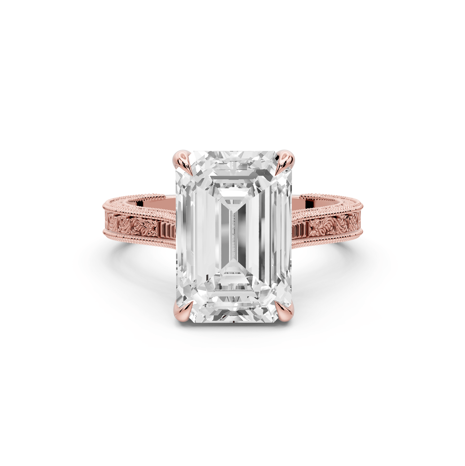 Daniel - 4ct 14k rose gold Emerald Vintage-Inspired Solitaire Engagement Ring with Hand-Engraved Milgrain Band - Mr. Alex Jewelry
