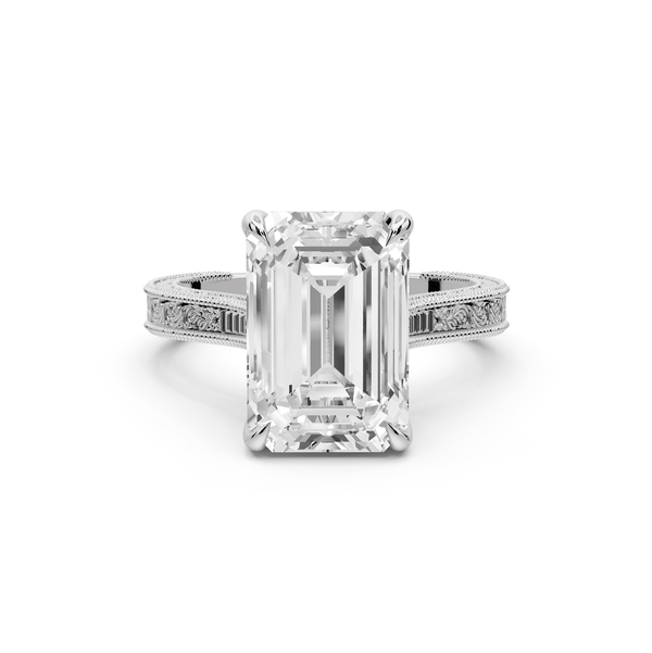 Daniel - 4ct 14k white gold Emerald Vintage-Inspired Solitaire Engagement Ring with Hand-Engraved Milgrain Band - Mr. Alex Jewelry