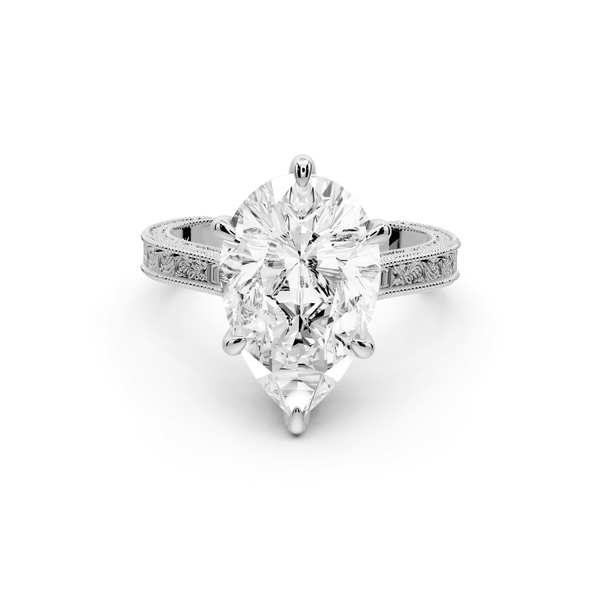 Daniel - 4ct 14k white gold Pear Vintage-Inspired Solitaire Engagement Ring with Hand-Engraved Milgrain Band - Mr. Alex Jewelry