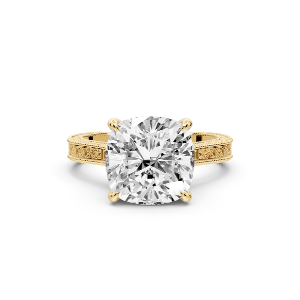 Daniel - 4ct 14k yellow gold Cushion Vintage-Inspired Solitaire Engagement Ring with Hand-Engraved Milgrain Band - Mr. Alex Jewelry