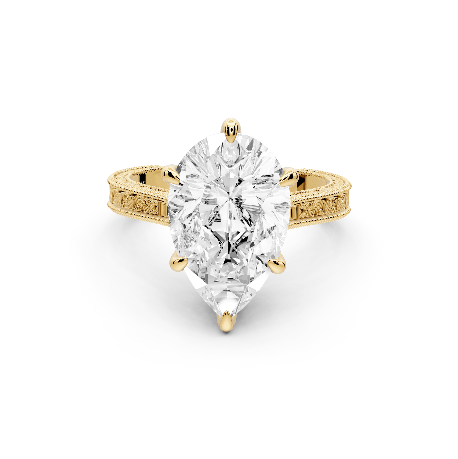 Daniel - 4ct 14k yellow gold Pear Vintage-Inspired Solitaire Engagement Ring with Hand-Engraved Milgrain Band - Mr. Alex Jewelry