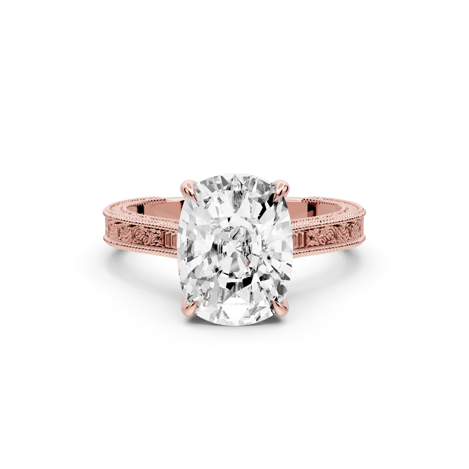 Daniel - 4ct 18k rose gold Ecushion Vintage-Inspired Solitaire Engagement Ring with Hand-Engraved Milgrain Band - Mr. Alex Jewelry
