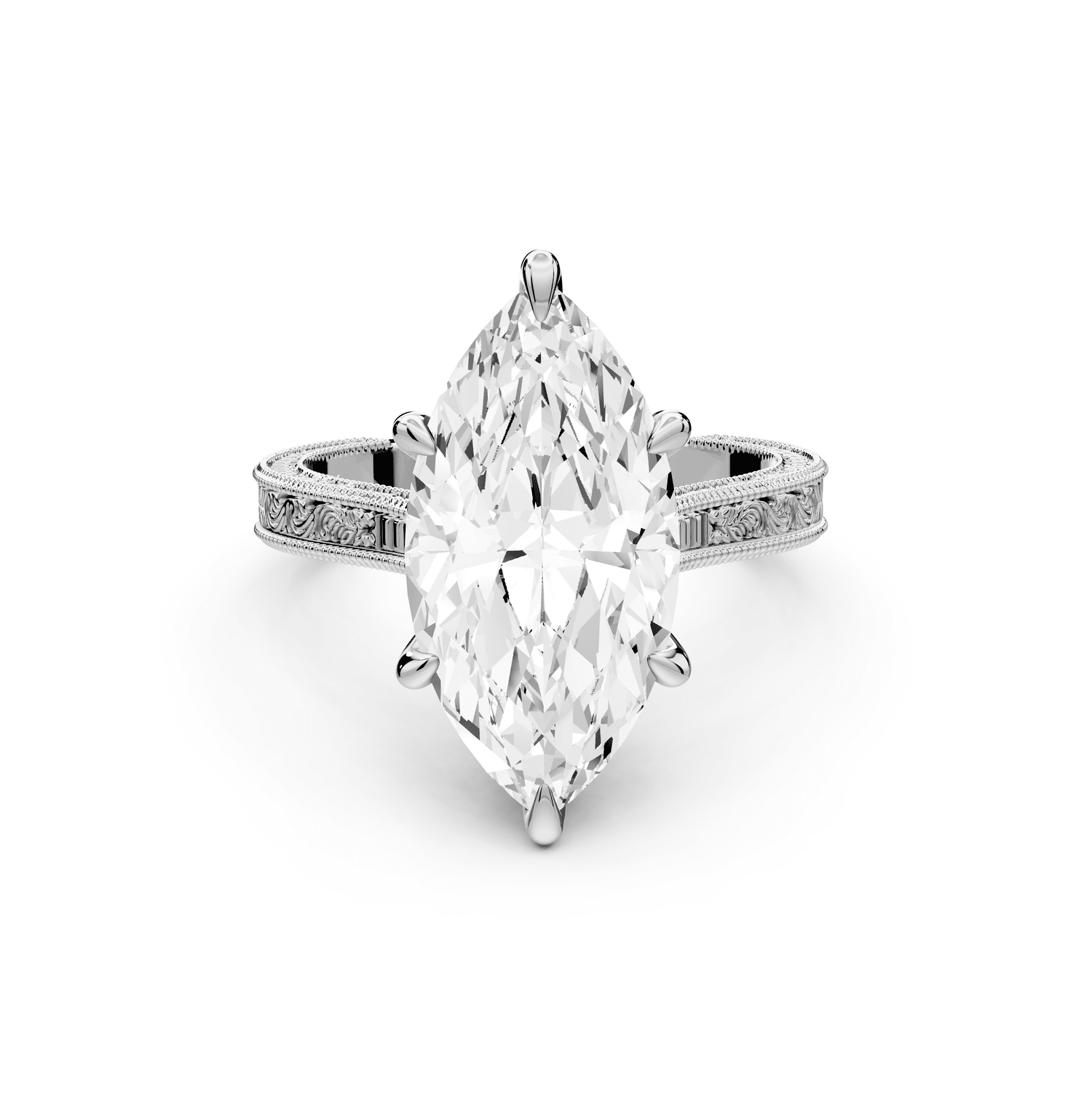 Daniel - 4ct 18k white gold Marquise Vintage-Inspired Solitaire Engagement Ring with Hand-Engraved Milgrain Band - Mr. Alex Jewelry
