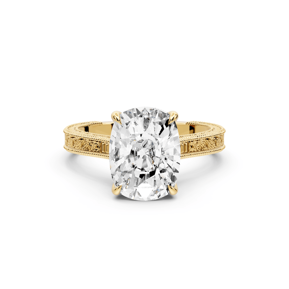 Daniel - 4ct 18k yellow gold Ecushion Vintage-Inspired Solitaire Engagement Ring with Hand-Engraved Milgrain Band - Mr. Alex Jewelry