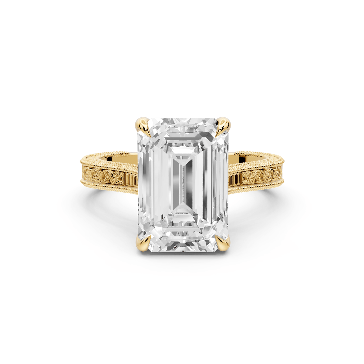 Daniel - 4ct 18k yellow gold Emerald Vintage-Inspired Solitaire Engagement Ring with Hand-Engraved Milgrain Band - Mr. Alex Jewelry