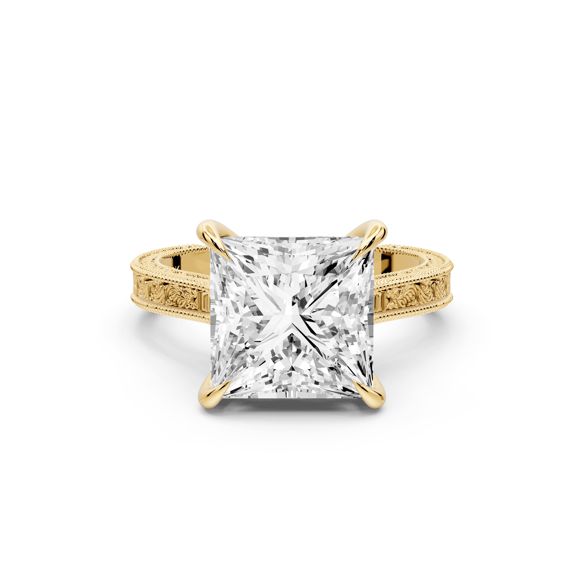 Daniel - 4ct 18k yellow gold Princess Vintage-Inspired Solitaire Engagement Ring with Hand-Engraved Milgrain Band - Mr. Alex Jewelry