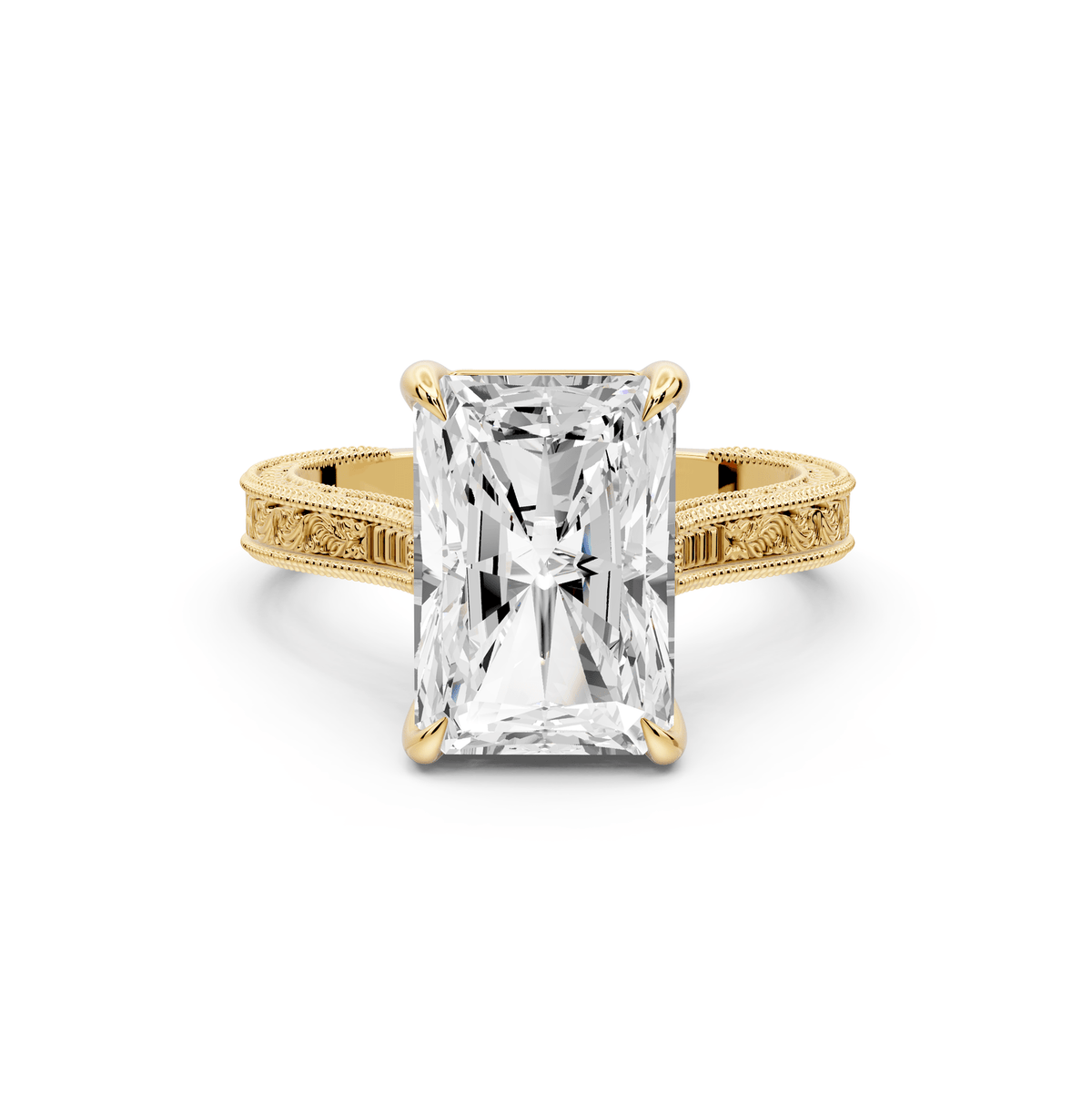 Daniel - 4ct 18k yellow gold Radiant Vintage-Inspired Solitaire Engagement Ring with Hand-Engraved Milgrain Band - Mr. Alex Jewelry