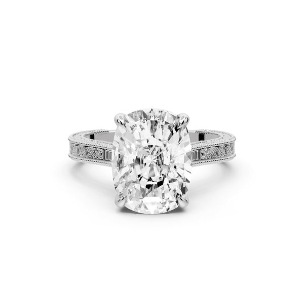 Daniel - 5ct 14k white gold Ecushion Vintage-Inspired Solitaire Engagement Ring with Hand-Engraved Milgrain Band - Mr. Alex Jewelry