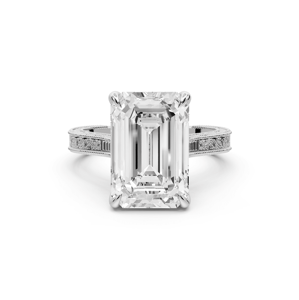 Daniel - 5ct 14k white gold Emerald Vintage-Inspired Solitaire Engagement Ring with Hand-Engraved Milgrain Band - Mr. Alex Jewelry