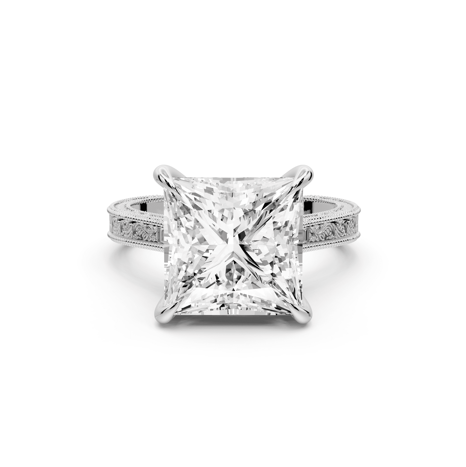 Daniel - 5ct 14k white gold Princess Vintage-Inspired Solitaire Engagement Ring with Hand-Engraved Milgrain Band - Mr. Alex Jewelry