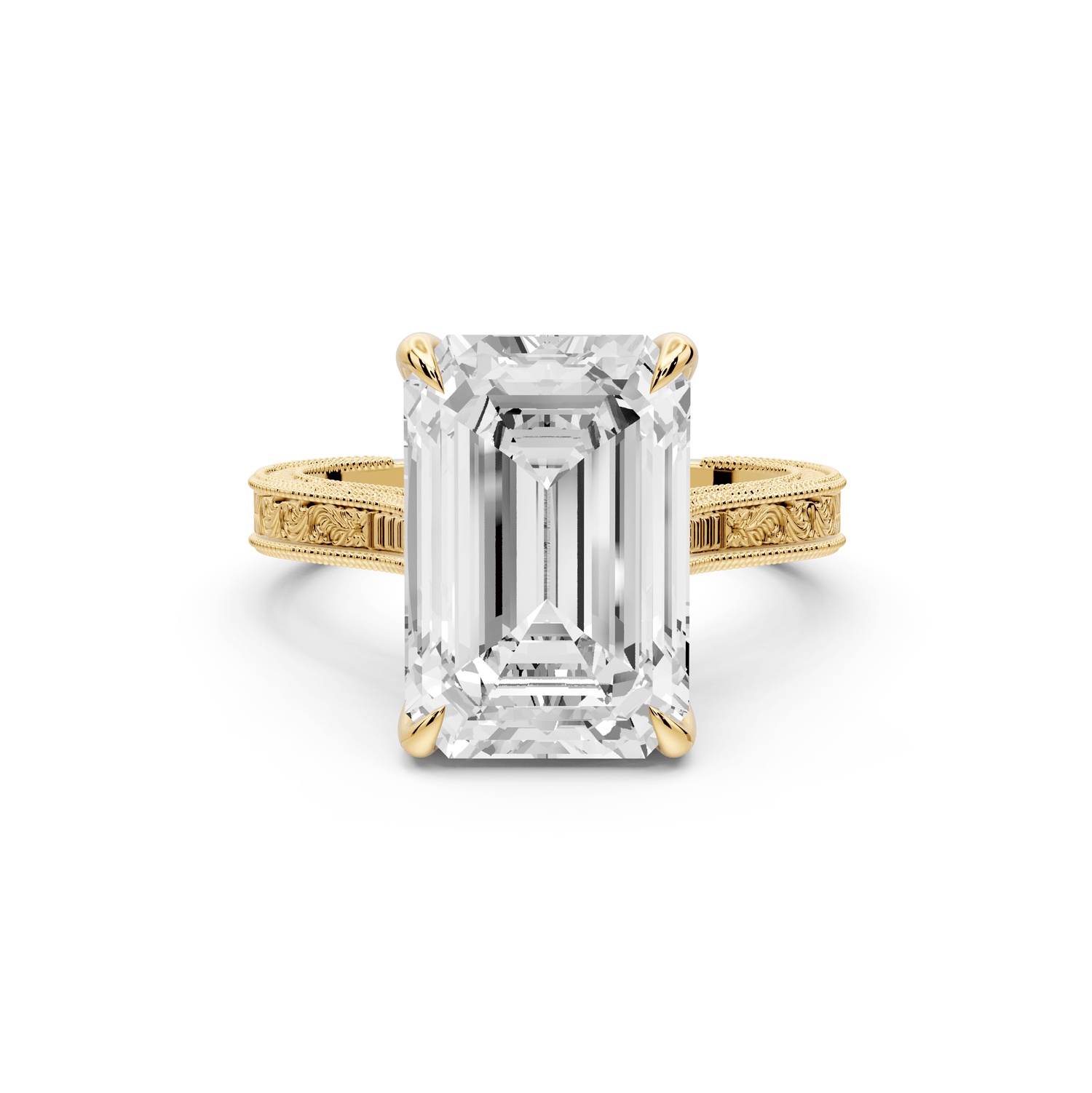 Daniel - 5ct 14k yellow gold Emerald Vintage-Inspired Solitaire Engagement Ring with Hand-Engraved Milgrain Band - Mr. Alex Jewelry