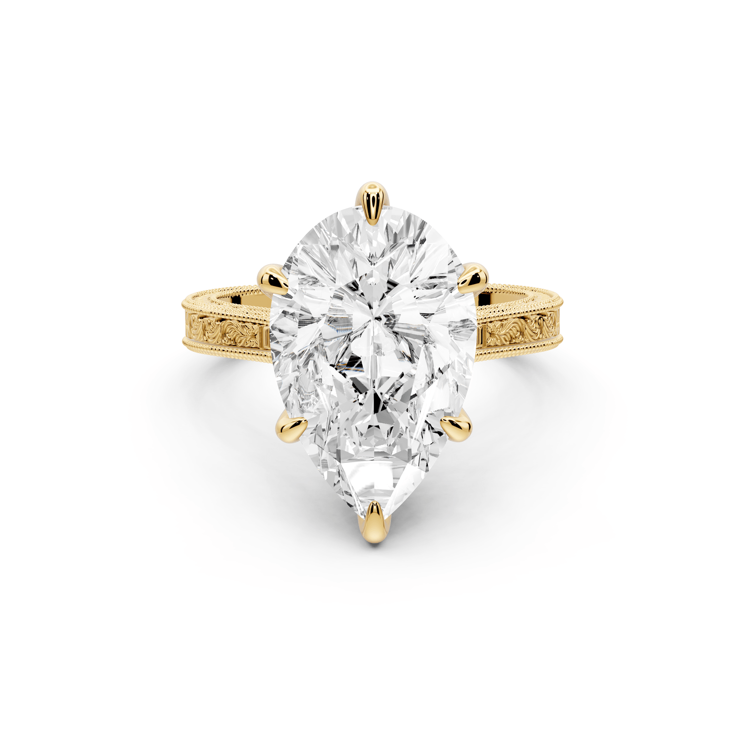 Daniel - 5ct 14k yellow gold Pear Vintage-Inspired Solitaire Engagement Ring with Hand-Engraved Milgrain Band - Mr. Alex Jewelry