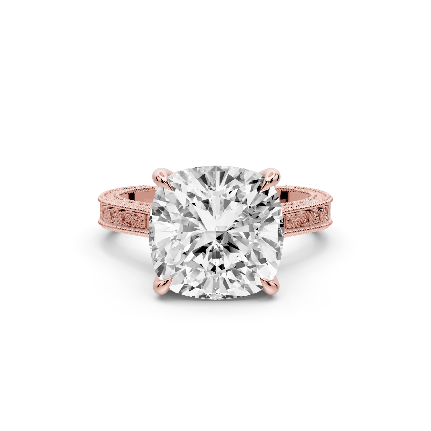 Daniel - 5ct 18k rose gold Cushion Vintage-Inspired Solitaire Engagement Ring with Hand-Engraved Milgrain Band - Mr. Alex Jewelry