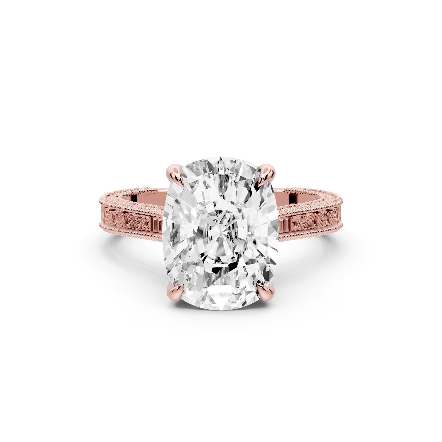 Daniel - 5ct 18k rose gold Ecushion Vintage-Inspired Solitaire Engagement Ring with Hand-Engraved Milgrain Band - Mr. Alex Jewelry