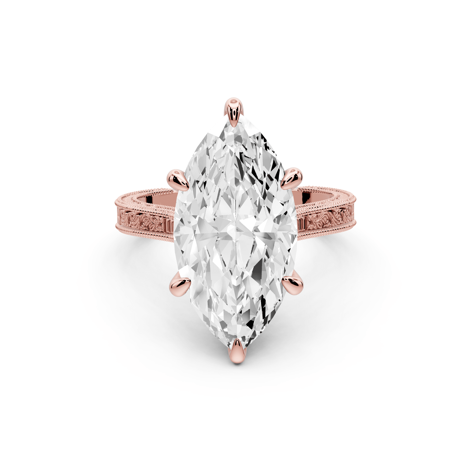 Daniel - 5ct 18k rose gold Marquise Vintage-Inspired Solitaire Engagement Ring with Hand-Engraved Milgrain Band - Mr. Alex Jewelry