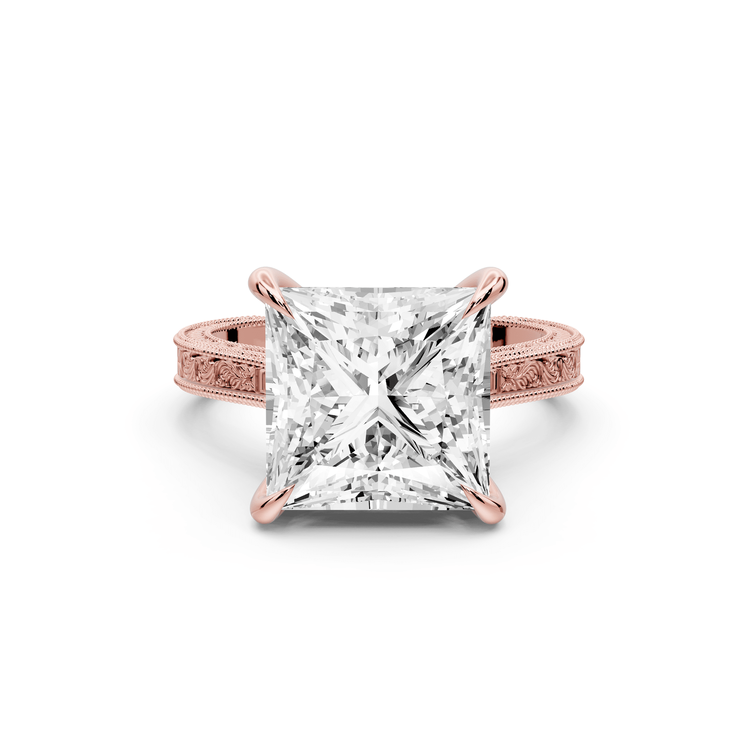 Daniel - 5ct 18k rose gold Princess Vintage-Inspired Solitaire Engagement Ring with Hand-Engraved Milgrain Band - Mr. Alex Jewelry