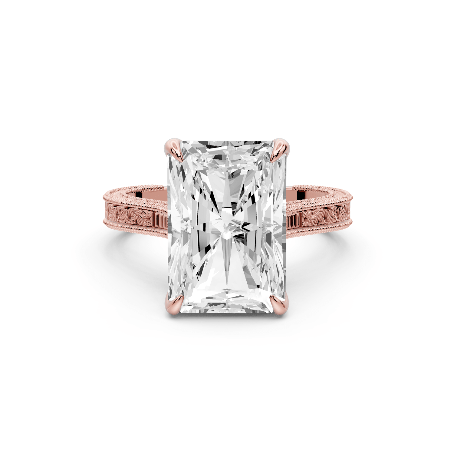 Daniel - 5ct 18k rose gold Radiant Vintage-Inspired Solitaire Engagement Ring with Hand-Engraved Milgrain Band - Mr. Alex Jewelry