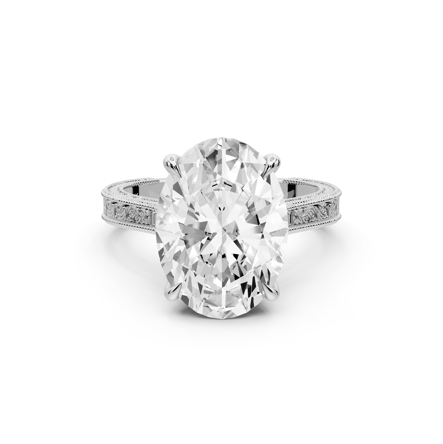 Daniel - 5ct 18k white gold Oval Vintage-Inspired Solitaire Engagement Ring with Hand-Engraved Milgrain Band - Mr. Alex Jewelry