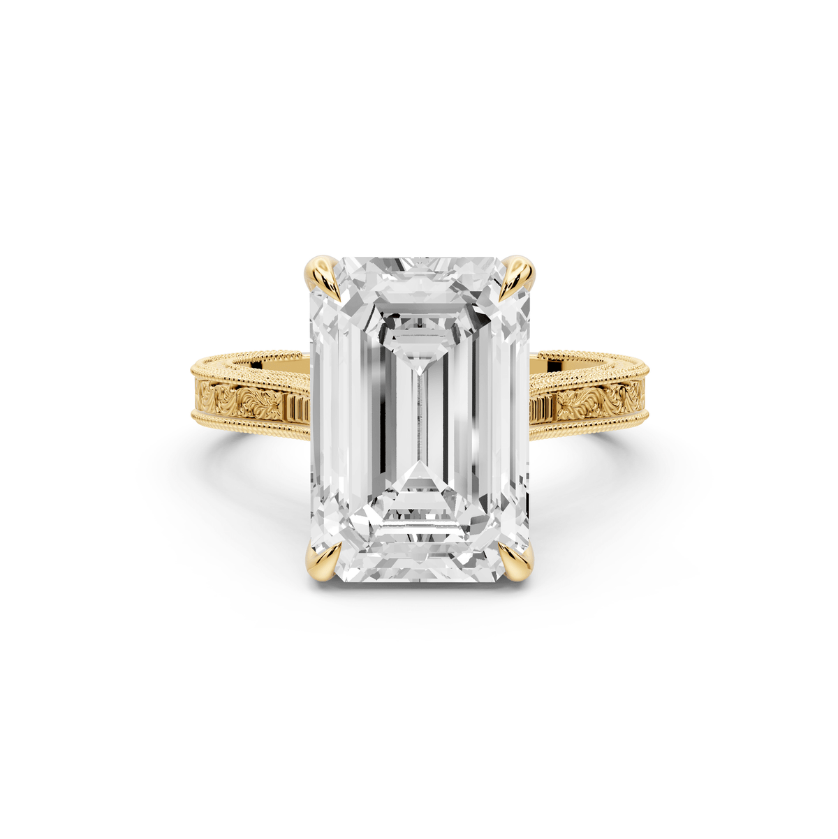Daniel - 5ct 18k yellow gold Emerald Vintage-Inspired Solitaire Engagement Ring with Hand-Engraved Milgrain Band - Mr. Alex Jewelry