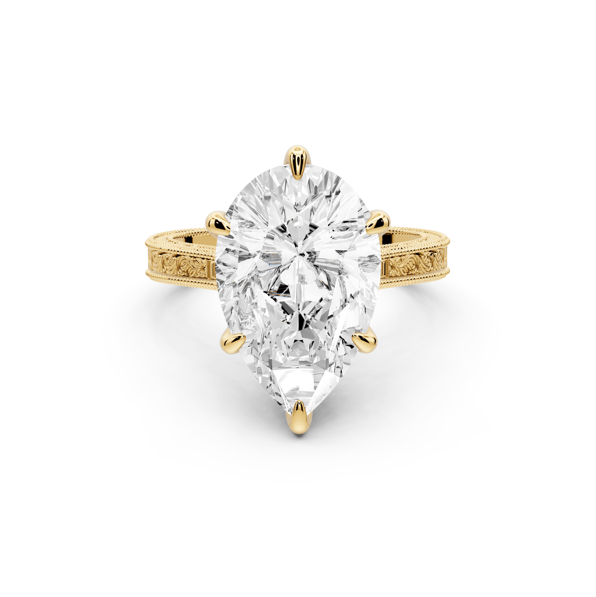 Daniel - 5ct 18k yellow gold Pear Vintage-Inspired Solitaire Engagement Ring with Hand-Engraved Milgrain Band - Mr. Alex Jewelry