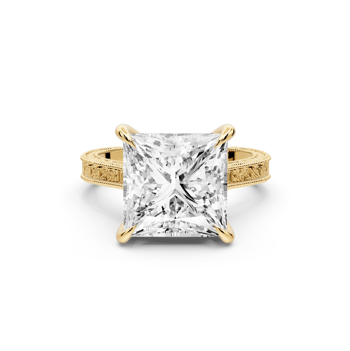 Daniel - 5ct 18k yellow gold Princess Vintage-Inspired Solitaire Engagement Ring with Hand-Engraved Milgrain Band - Mr. Alex Jewelry