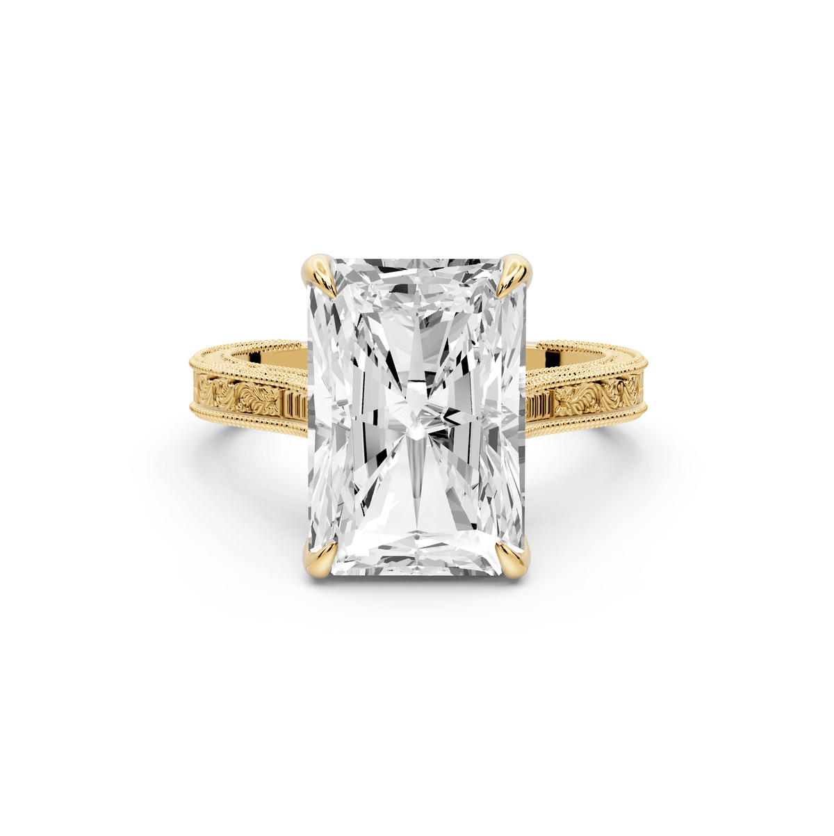 Daniel - 5ct 18k yellow gold Radiant Vintage-Inspired Solitaire Engagement Ring with Hand-Engraved Milgrain Band - Mr. Alex Jewelry