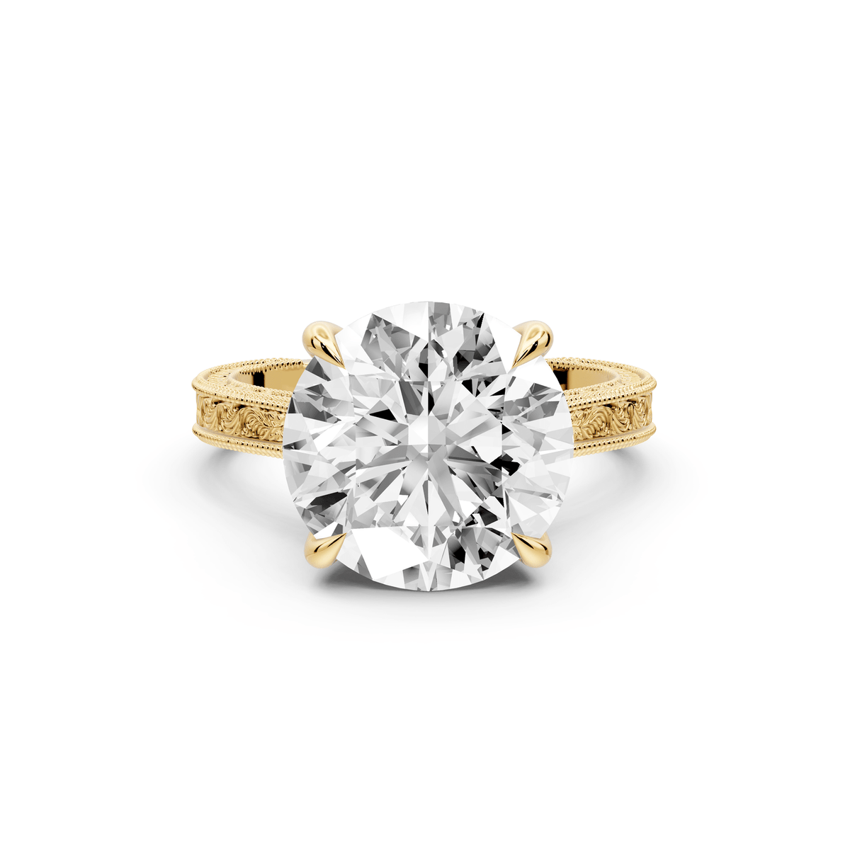 Daniel - 5ct 18k yellow gold Round Vintage-Inspired Solitaire Engagement Ring with Hand-Engraved Milgrain Band - Mr. Alex Jewelry