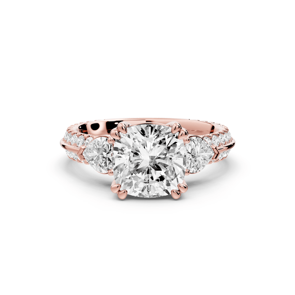Elinor - 2ct 14k rose gold cushion diamond Double talon prongs with two heart side stones and rollover pavé engagement ring - Mr. Alex Jewelry