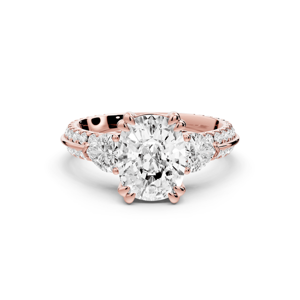 Elinor - 2ct 14k rose gold ecushion diamond Double talon prongs with two heart side stones and rollover pavé engagement ring - Mr. Alex Jewelry