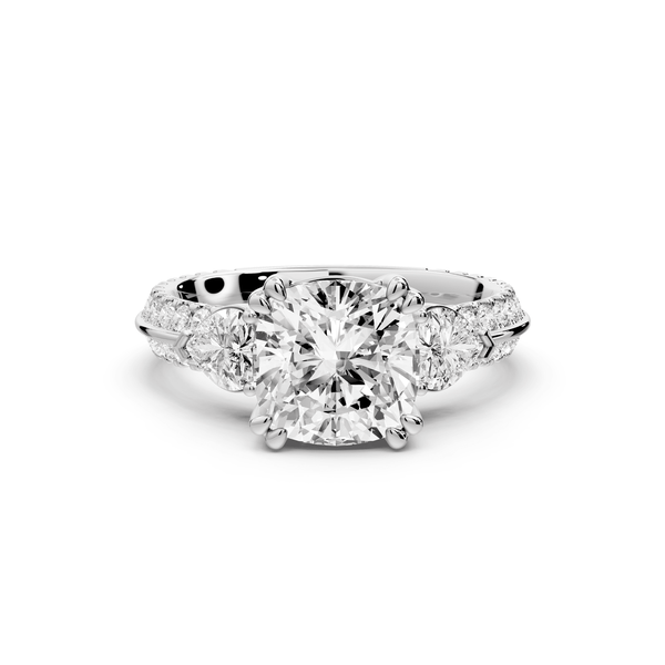Elinor - 2ct 14k white gold cushion diamond Double talon prongs with two heart side stones and rollover pavé engagement ring - Mr. Alex Jewelry