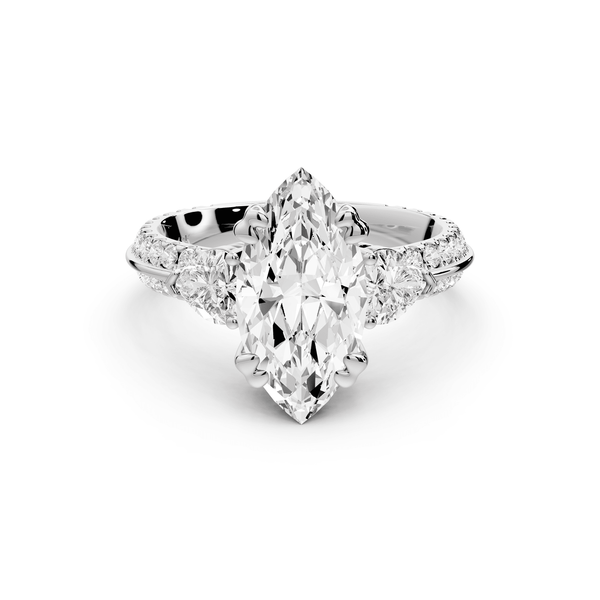 Elinor - 2ct 14k white gold marquise diamond Double talon prongs with two heart side stones and rollover pavé engagement ring - Mr. Alex Jewelry