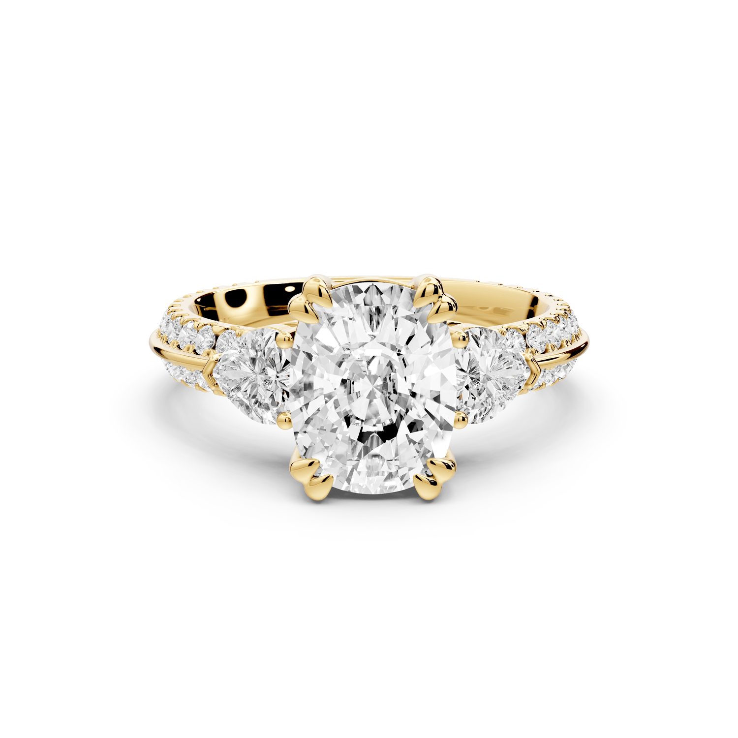 Elinor - 2ct 14k yellow gold ecushion diamond Double talon prongs with two heart side stones and rollover pavé engagement ring - Mr. Alex Jewelry