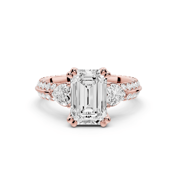 Elinor - 2ct 18k rose gold emerald diamond Double talon prongs with two heart side stones and rollover pavé engagement ring - Mr. Alex Jewelry