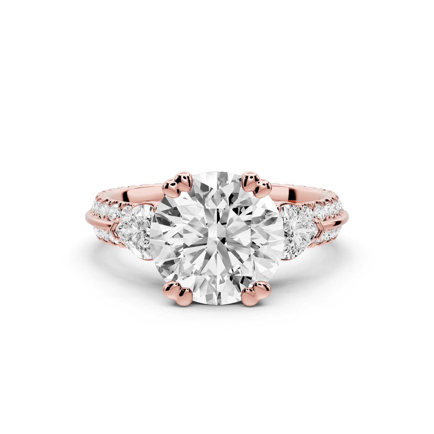 Elinor - 2ct 18k rose gold pear diamond Double talon prongs with two heart side stones and rollover pavé engagement ring - Mr. Alex Jewelry
