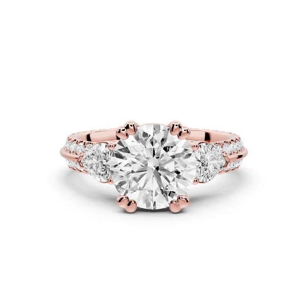 Elinor - 2ct 18k rose gold round diamond Double talon prongs with two heart side stones and rollover pavé engagement ring - Mr. Alex Jewelry