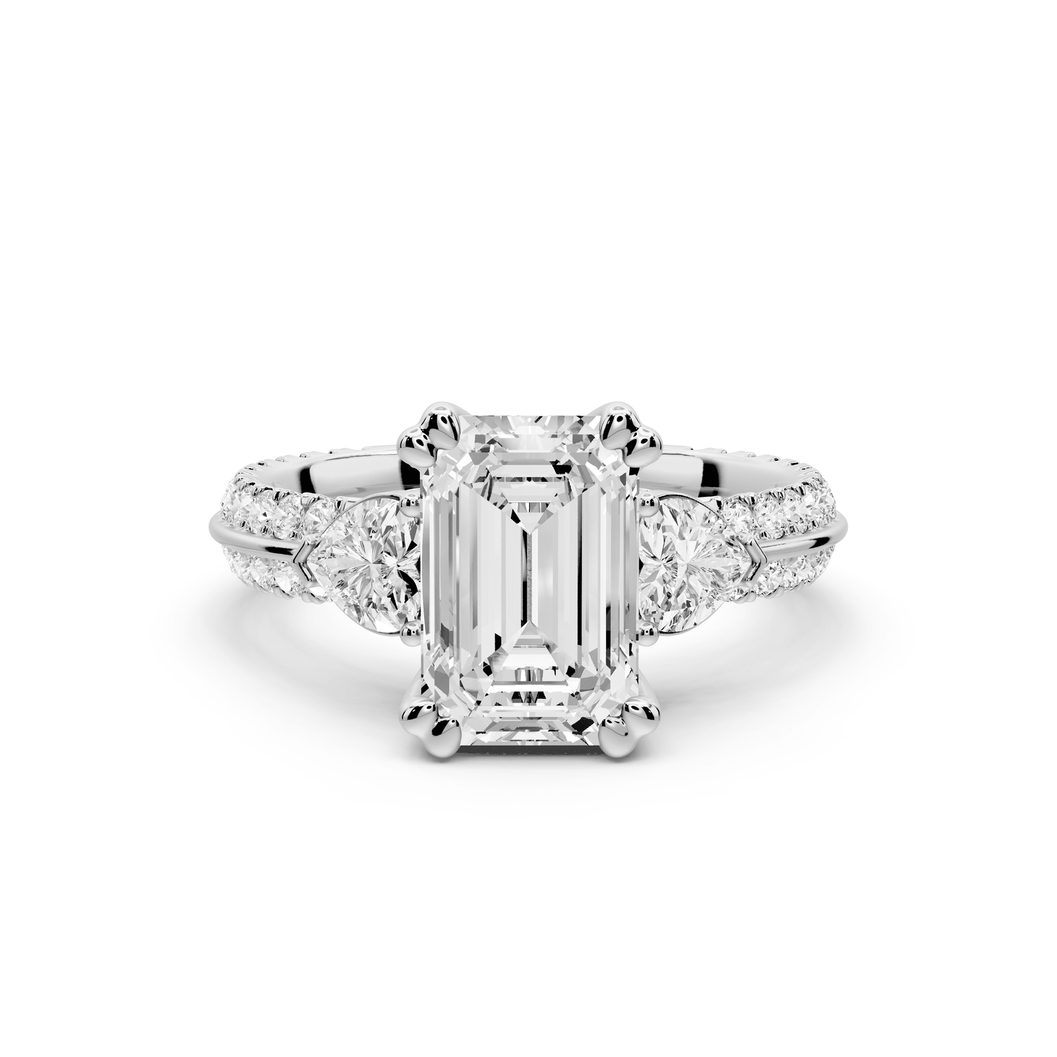 Elinor - 2ct 18k white gold emerald diamond Double talon prongs with two heart side stones and rollover pavé engagement ring - Mr. Alex Jewelry