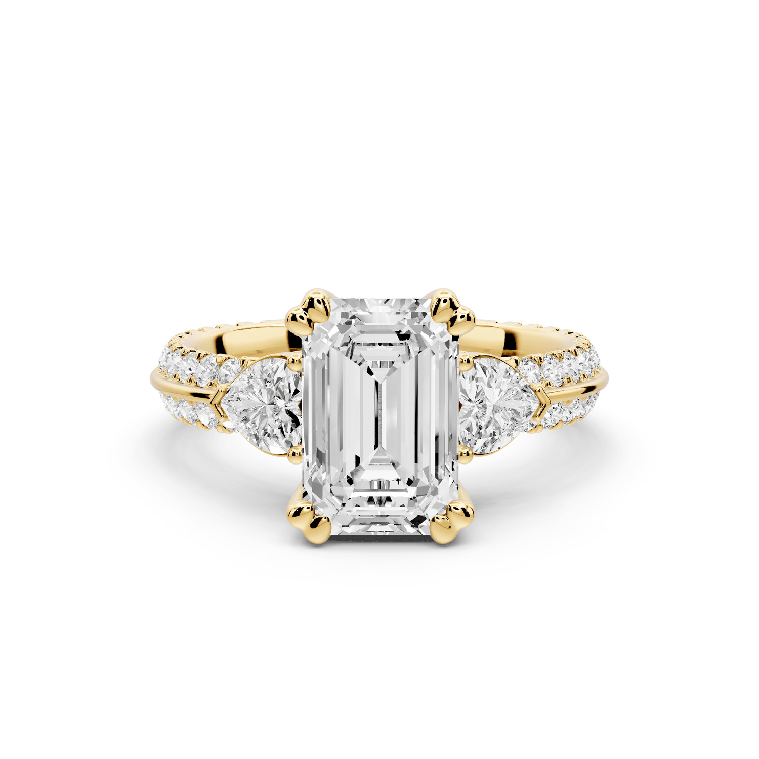 Elinor - 2ct 18k yellow gold emerald diamond Double talon prongs with two heart side stones and rollover pavé engagement ring - Mr. Alex Jewelry