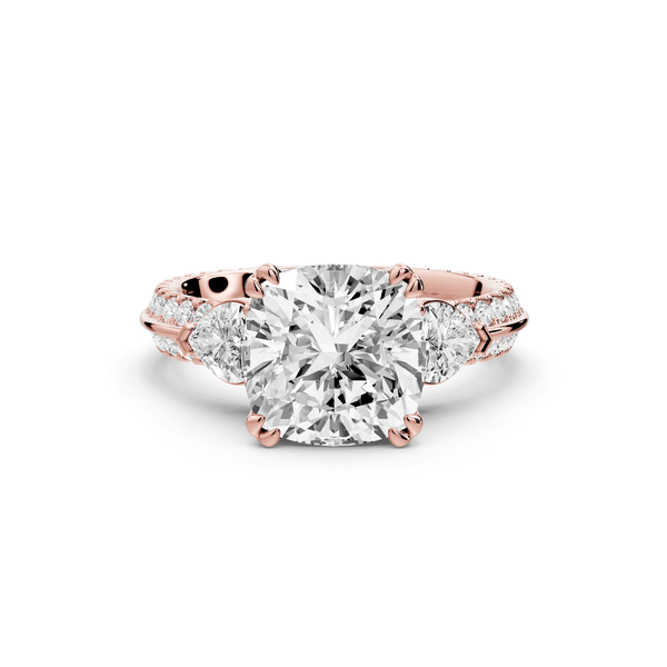 Elinor - 3ct 14k rose gold cushion diamond Double talon prongs with two heart side stones and rollover pavé engagement ring - Mr. Alex Jewelry