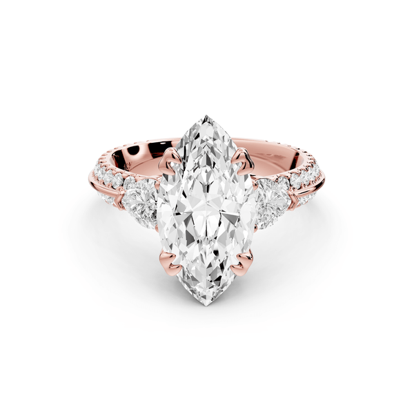Elinor - 3ct 14k rose gold marquise diamond Double talon prongs with two heart side stones and rollover pavé engagement ring - Mr. Alex Jewelry