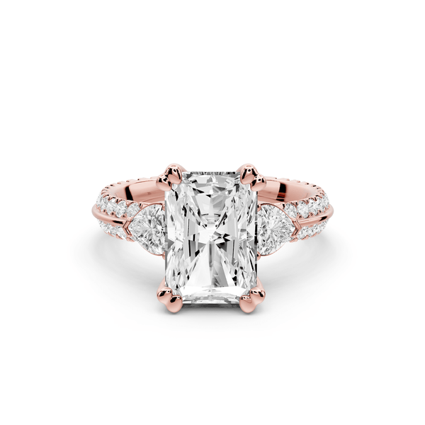 Elinor - 3ct 14k rose gold radiant diamond Double talon prongs with two heart side stones and rollover pavé engagement ring - Mr. Alex Jewelry