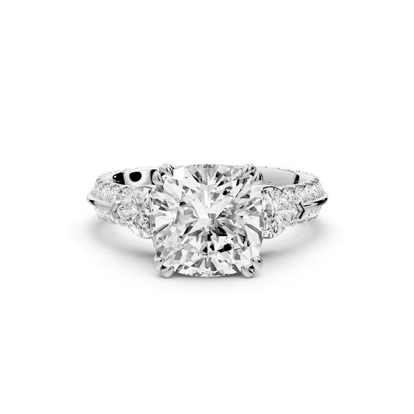 Elinor - 3ct 14k white gold cushion diamond Double talon prongs with two heart side stones and rollover pavé engagement ring - Mr. Alex Jewelry