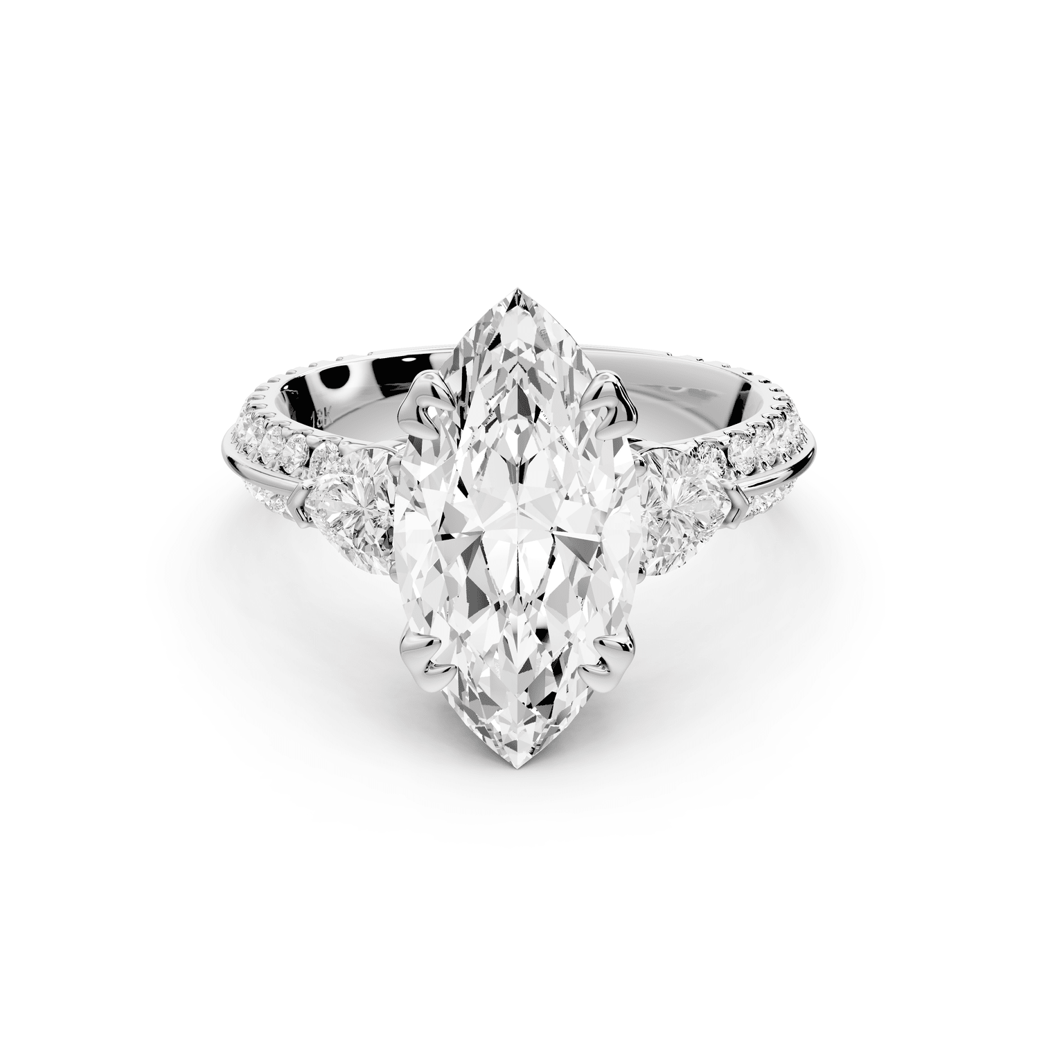 Elinor - 3ct 14k white gold marquise diamond Double talon prongs with two heart side stones and rollover pavé engagement ring - Mr. Alex Jewelry