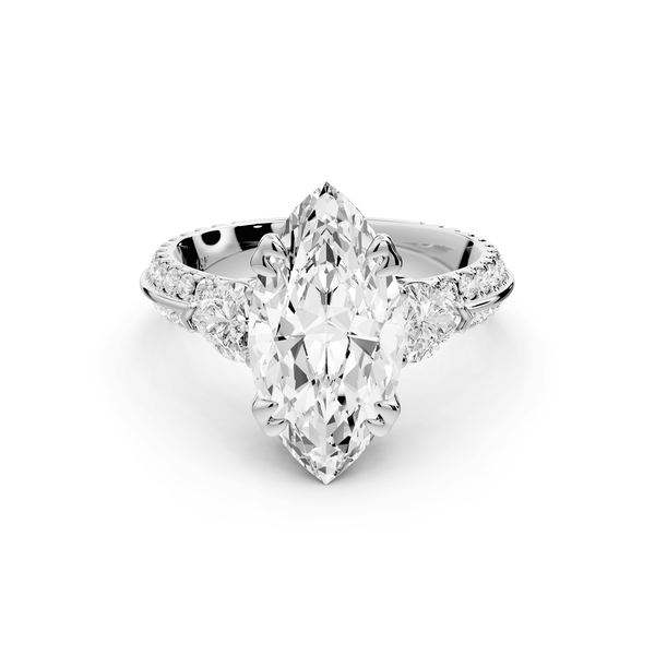 Elinor - 3ct 14k white gold marquise diamond Double talon prongs with two heart side stones and rollover pavé engagement ring - Mr. Alex Jewelry