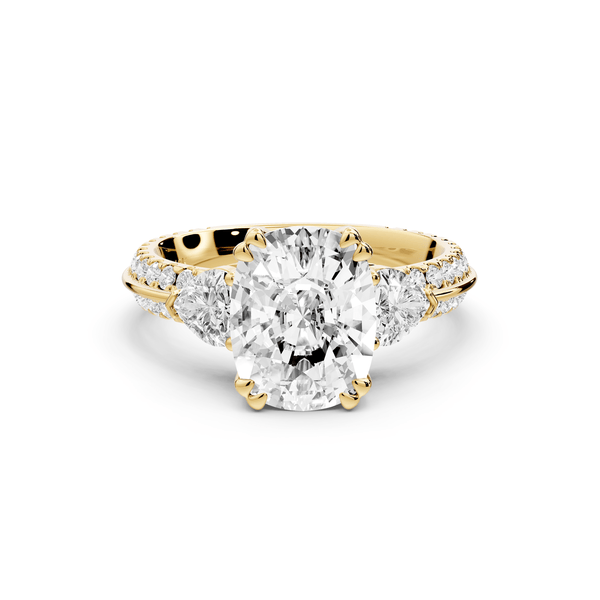 Elinor - 3ct 14k yellow gold ecushion diamond Double talon prongs with two heart side stones and rollover pavé engagement ring - Mr. Alex Jewelry