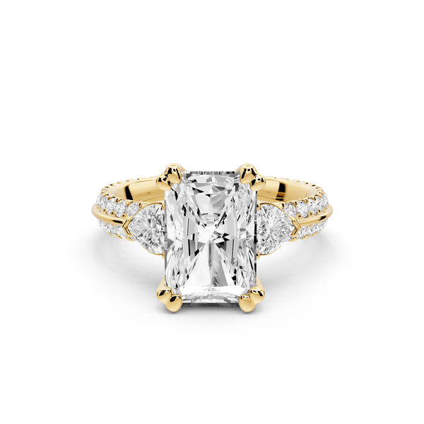 Elinor - 3ct 14k yellow gold radiant diamond Double talon prongs with two heart side stones and rollover pavé engagement ring - Mr. Alex Jewelry