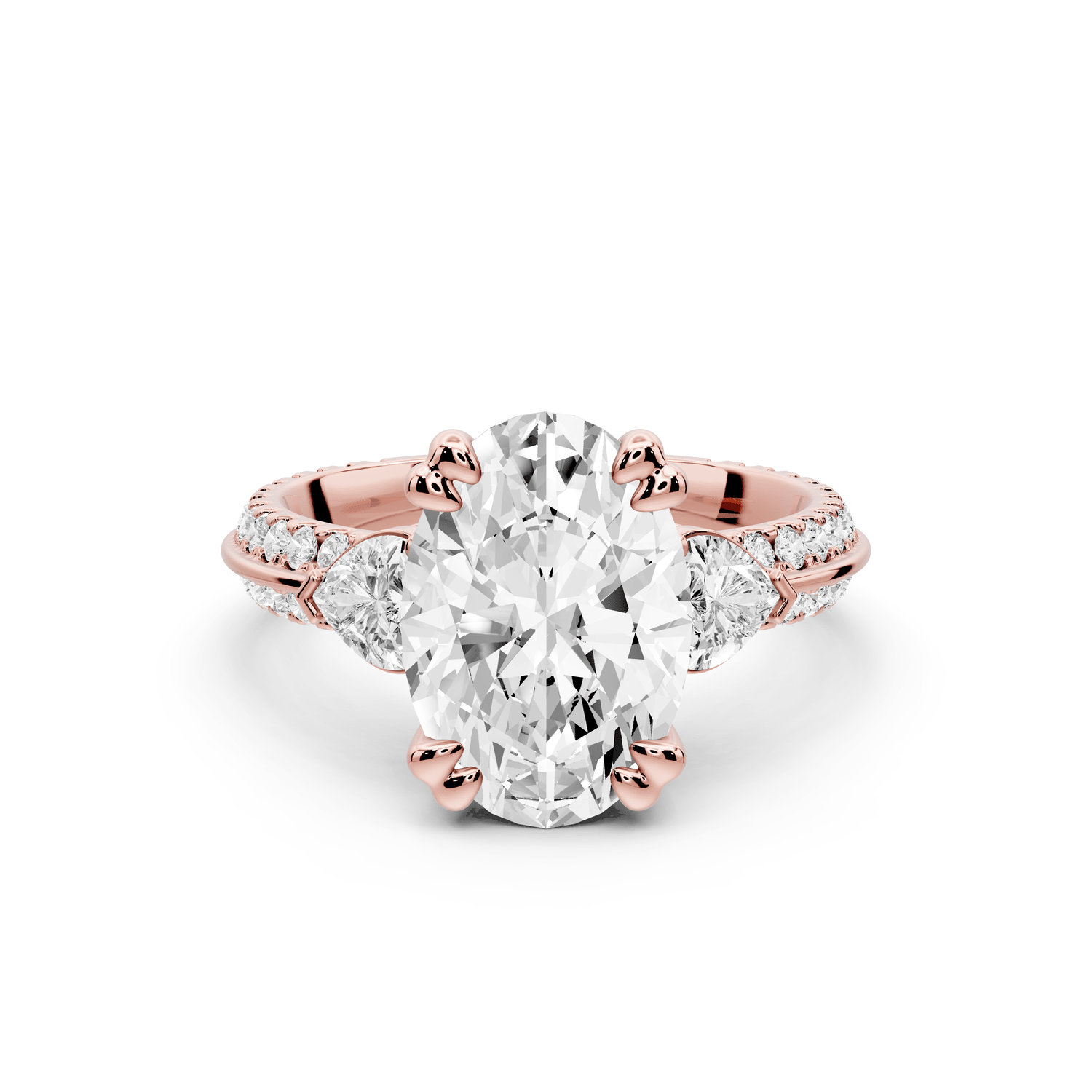Elinor - 3ct 18k rose gold oval diamond Double talon prongs with two heart side stones and rollover pavé engagement ring - Mr. Alex Jewelry